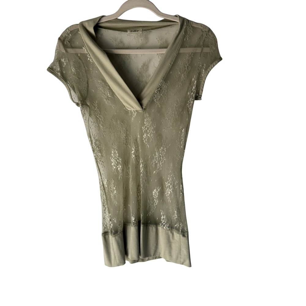 Studio Y Y2k Sage Green Lace Top Sheer V Neck Short Sleeve Tunic Blouse Fairy‎